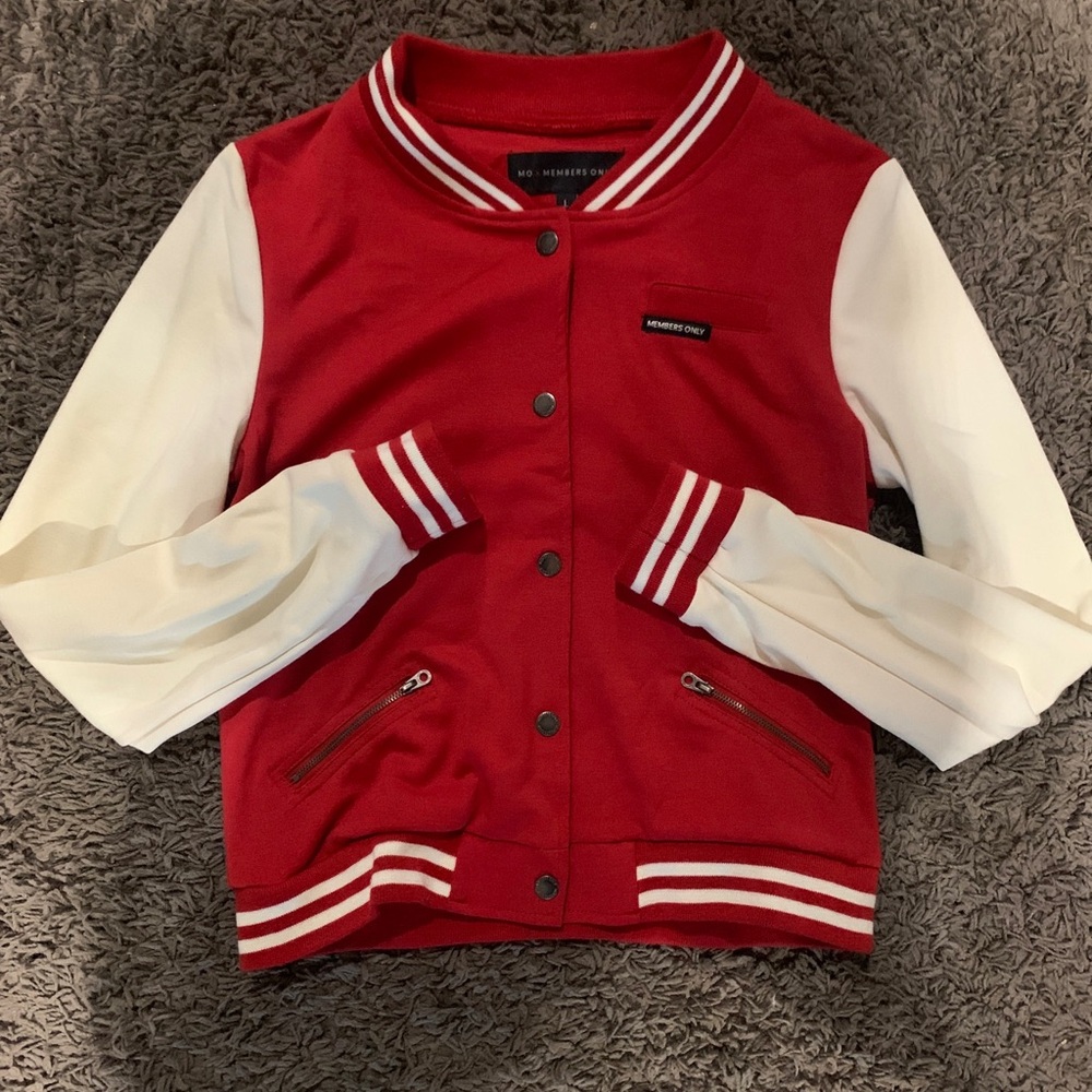 MO X Members Only Jacket Women Sz L Red White Varsity Snap-Button Striped Trim